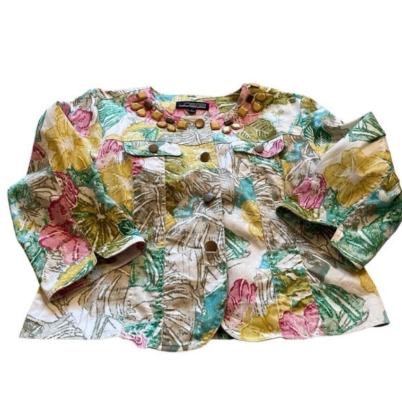 Linear Womens Floral Cropped Jacket - Size Large- Beading-Faux Front Pockets - Picture 8 of 11